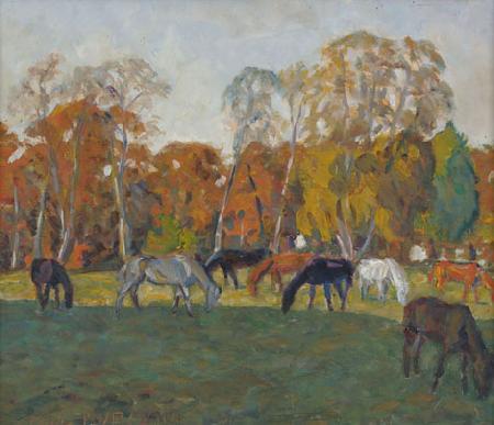  A landscape with horses,